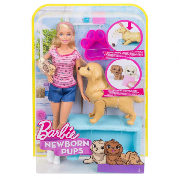 FDD43 Игровой набор Barbie Кукла и собака с новорожденными щенками,